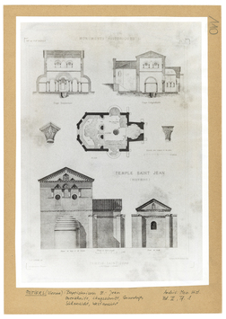 Vorschaubild Poiters: Baptisterium, Querschnitt, Längsschnitt, Grundriss, nach Archiv. Mon. Hist. Bd. II, Tafel 1